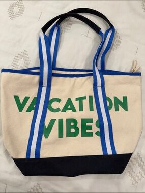 Old Navy Canvas Vacation Vibes Tote in Natural and Blue with Green Print